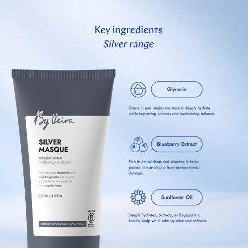 En tub med hudvårdsprodukt märkt Silver Masque med nyckelingredienser som Glycerin, Blåbärsextrakt och Solrosolja.