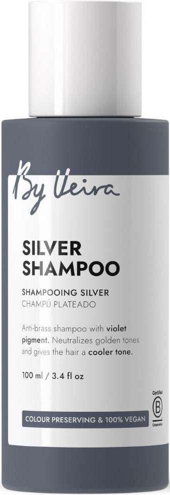 En grå og hvit sjampo flaske med hvit kork, merket Silver Shampoo av By Weira, for fargebevarende hårpleie.