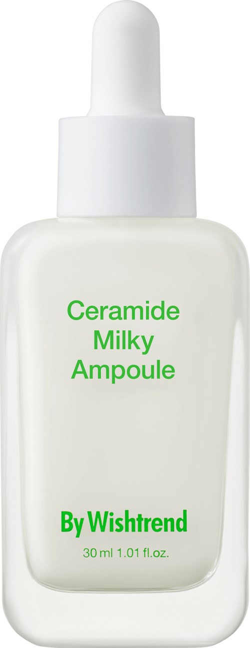 Eine Flasche mit Tropfverschluss, beschriftet 'Ceramide Milky Ampoule' von Wishtrend, 30 ml.