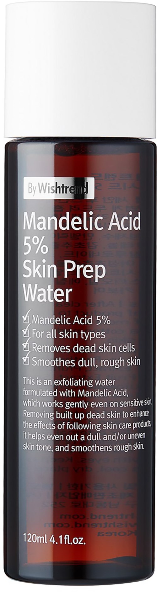 En mörk flaska med vit kork märkt 'Mandelic Acid 5% Skin Prep Water' för hudvård.