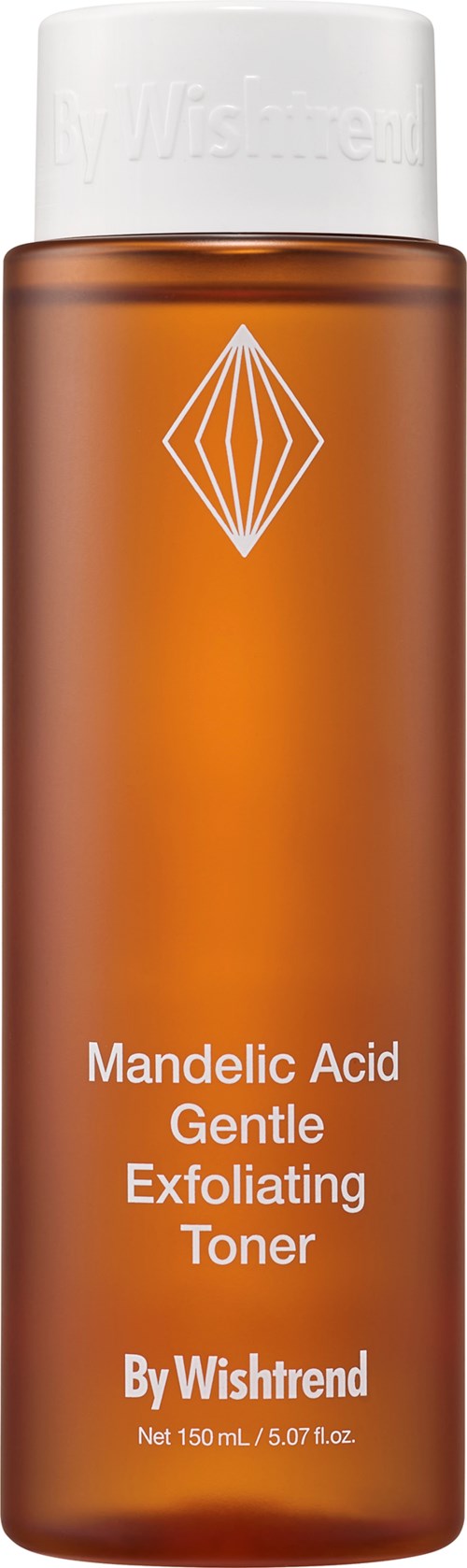 Eine braune Flasche mit weißem Deckel, beschriftet "Mandelic Acid Gentle Exfoliating Toner" von Wishtrend.