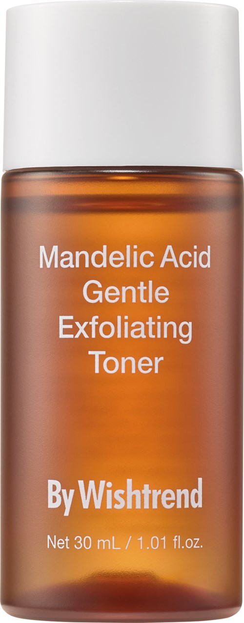 Kleine Flasche mit Toner, beschriftet "Mandelic Acid, Gentle Exfoliating" von Wishtrend.