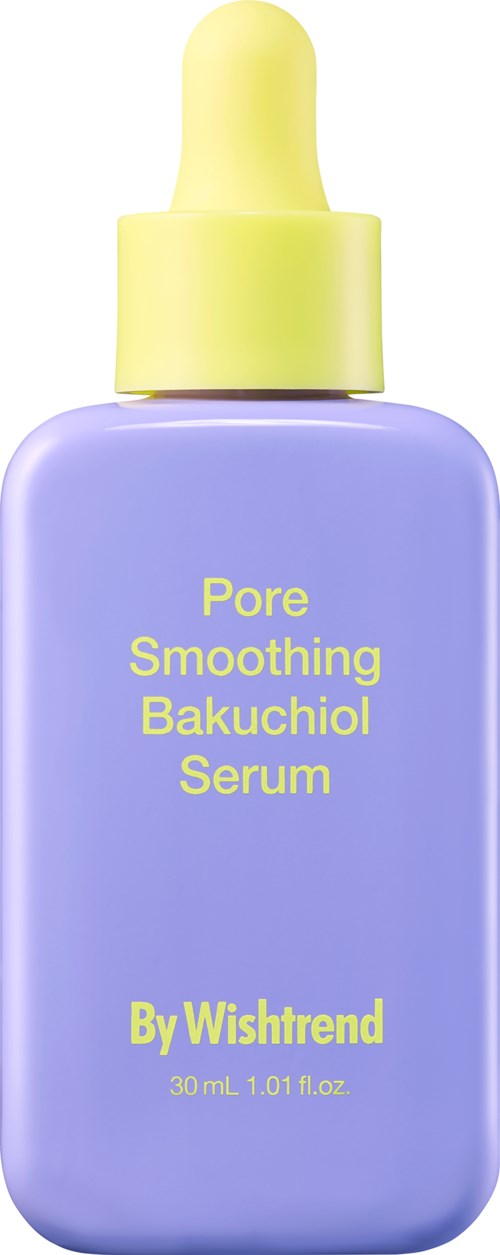 Lila Flasche mit gelbem Tropferdeckel, beschriftet mit 'Pore Smoothing Bakuchiol Serum' von Wishtrend, 30 ml.