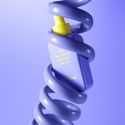 Eine lila Sereneflasche mit gelbem Verschluss, umgeben von einer großen, lila Spirale. Auf dem Etikett steht: Pore Smoothing Bakuchiol Serum.