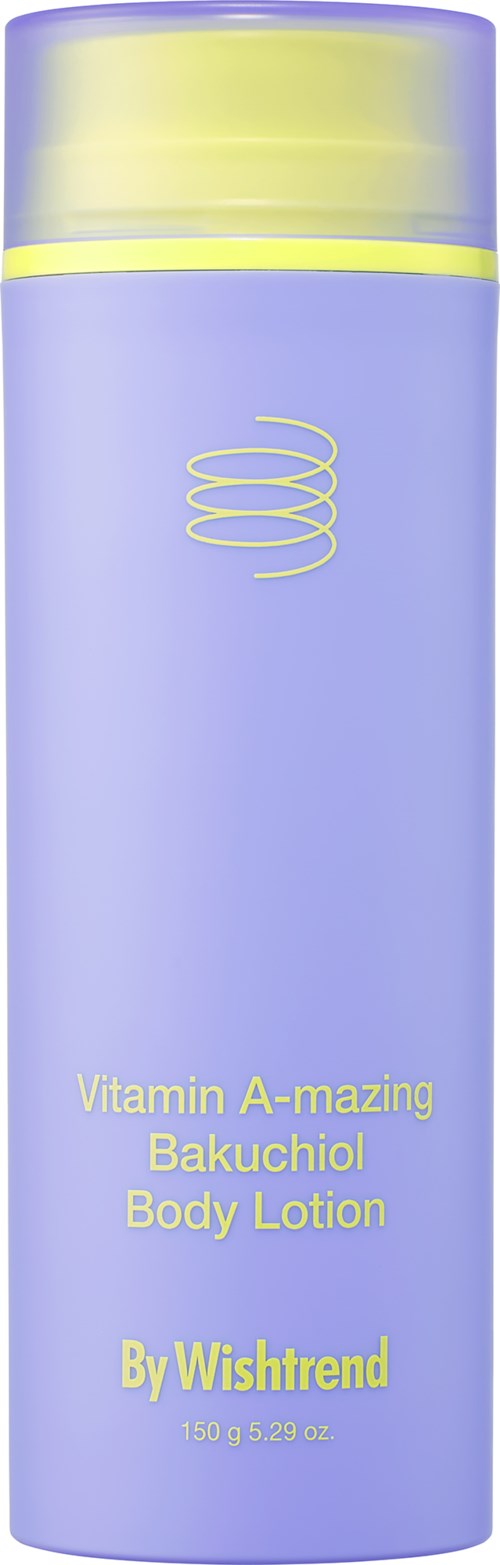 Eine lange lilafarbene Flasche mit gelbem Deckel und Text für Vitamin-A-Lotion von Wishtrend.