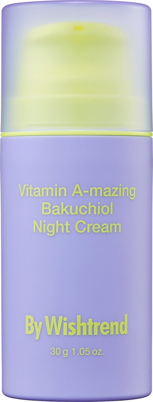 Eine kleine lila Flasche mit einem gelben Etikett, auf dem steht Vitamin A-mazing Night Cream von Wishtrend.