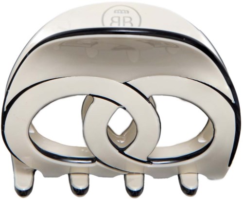 A silver-colored object with two interlinked rings and a logo on top, possibly a jewelry or decorative item.