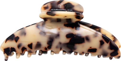 A large hair clip with a leopard print design, made of shiny material, and shaped like a claw.