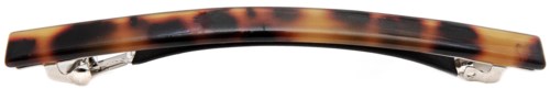 Eine Haarspange mit Schildpattmuster, gebogener Form und Metallclips an den Enden.