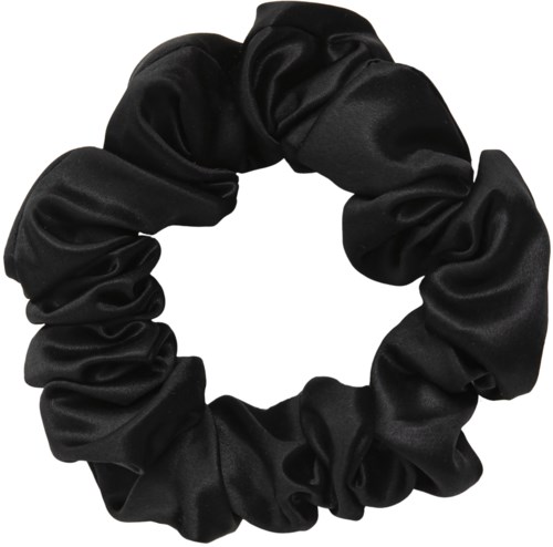 Ein schwarzes Satin-Haarband in kreisförmiger Form aus gerafftem, glänzendem Material.