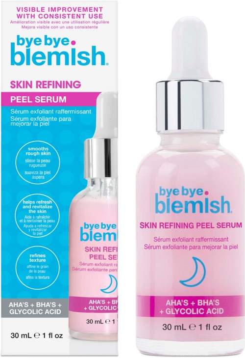 A pink bottle and box for Bye Bye Blemish Skin Refining Peel Serum, with a white dropper cap and text descriptions.