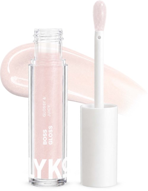 A lip gloss in a clear tube with a white cap, labeled BOSS GLOSS. The gloss is light pink in color.