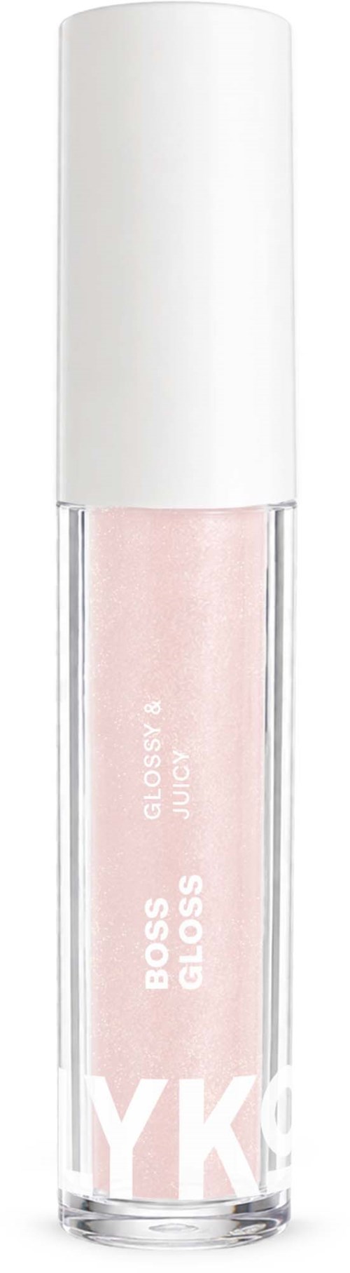 A light pink lip gloss tube with a white applicator wand and a light pink gloss behind it.