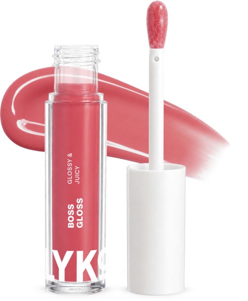 A lip gloss tube with a white cap, pink color, labeled Boss Gloss Juicy, simple and sleek design.