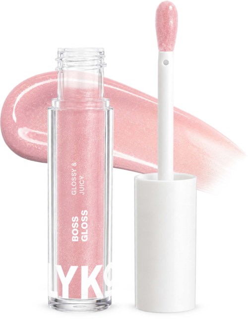 A pink lip gloss tube with a white cap, labeled Boss Gloss by Kylie Jenner.