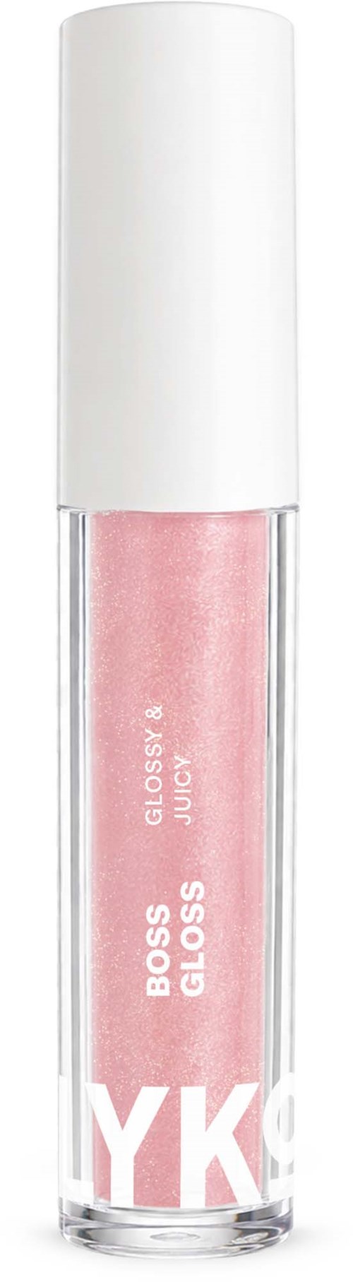 Pink gloss in a clear tube with a white applicator and a pink smear behind it.
