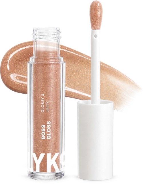 A lip gloss tube with a clear container and a white cap, containing peachy-colored gloss. The label says Boss Gloss Juicy.