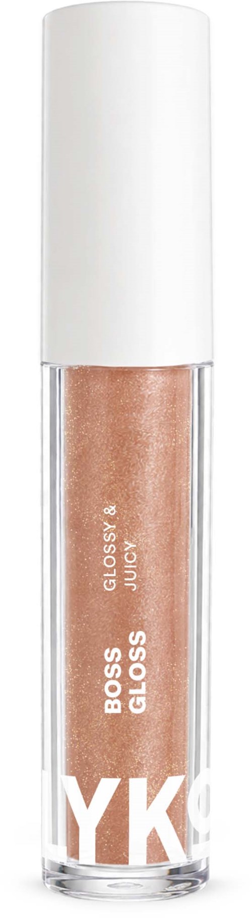 Glossy lip gloss tube with a beige-colored gloss and a white applicator stick.
