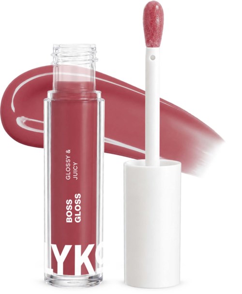 A lip gloss tube with a white cap and pinkish-brown product inside, labeled Boss Gloss Juicy.