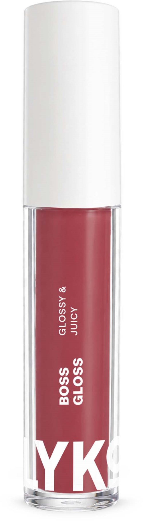 A lip gloss tube with a pink gloss applicator and a pink swatch behind it.