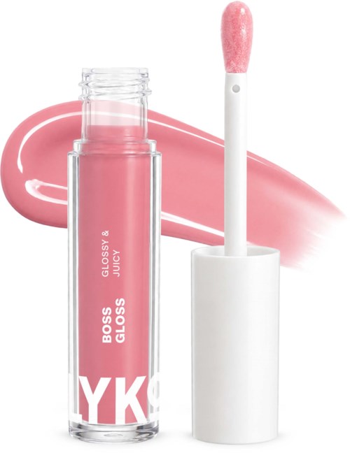 Pink lip gloss in a clear tube with white cap, labeled Boss Gloss Juicy.