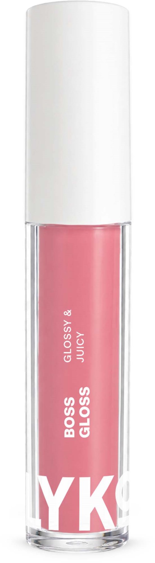A lip gloss tube with a pink gloss on the wand and a pink smear behind it.