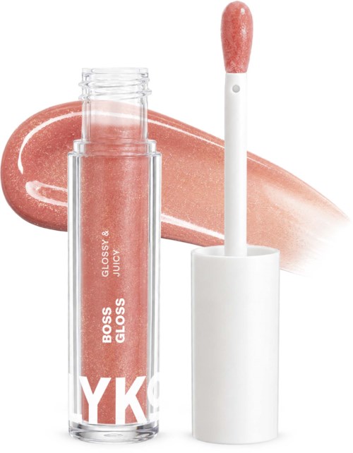 A lip gloss tube with a pink shiny gloss and applicator stick shown on a white background.