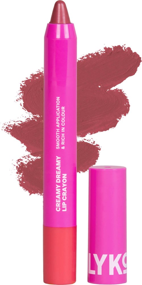 Pink lipstick crayon with a cap, labeled LYK on the cap and lipstick product details on the crayon.