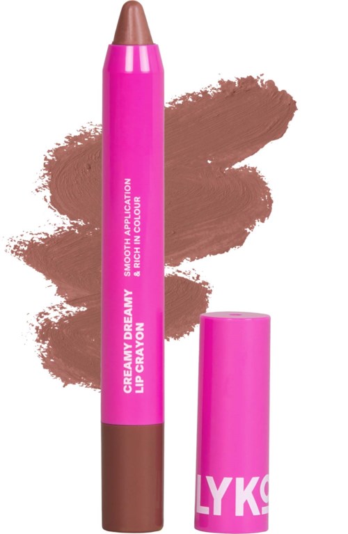 Ein pinker Lippenstift mit brauner Spitze und passendem rosa Deckel, gekennzeichnet für Lip-Farbe.