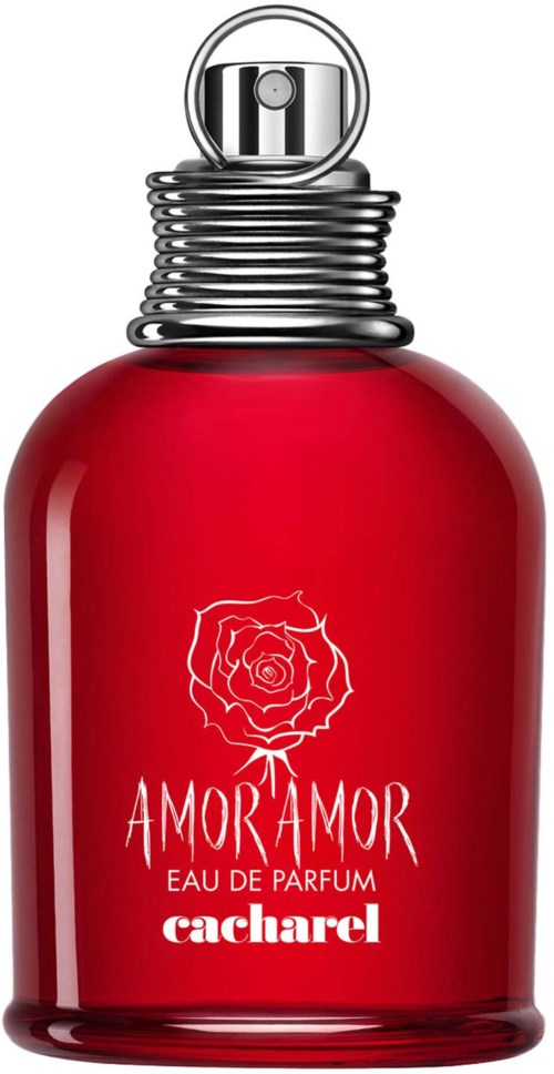 Red perfume bottle with a silver cap, decorated with a rose drawing and the words Amor Amor Cacharel.