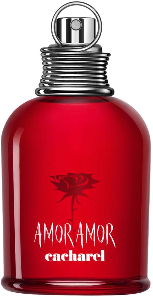 A red perfume bottle with a black flower logo and white text, topped with a metallic spray nozzle.
