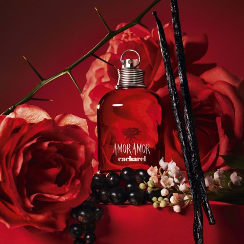 A red perfume bottle surrounded by roses, black berries, white flowers, and two black sticks on a red background.
