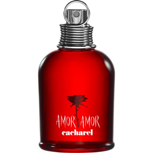 En röd parfymflaska med en svart etikett som visar en fågel och orden "AMOR AMOR" och "cacharel."