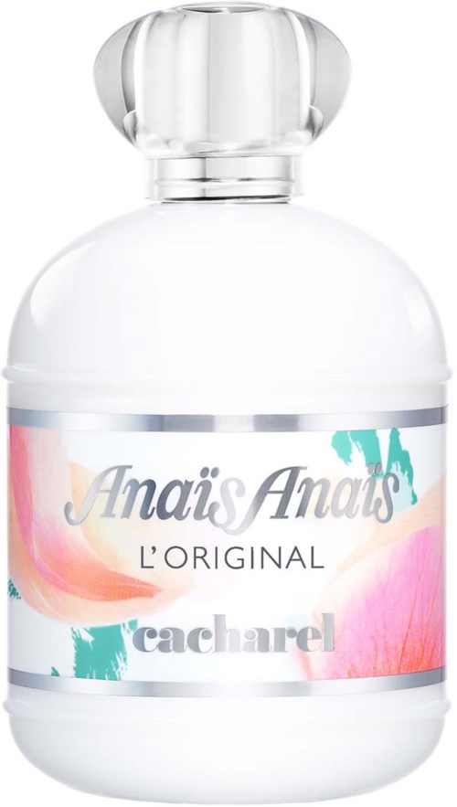 A white bottle with a colorful label and a silver cap, labeled 'Anaïs Anaïs L'Original'.