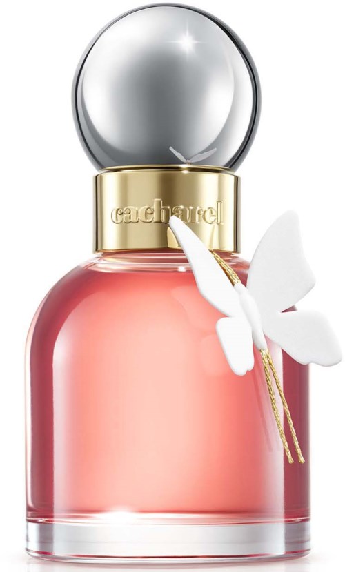 A pink perfume bottle with a large round clear cap and a white butterfly decoration.