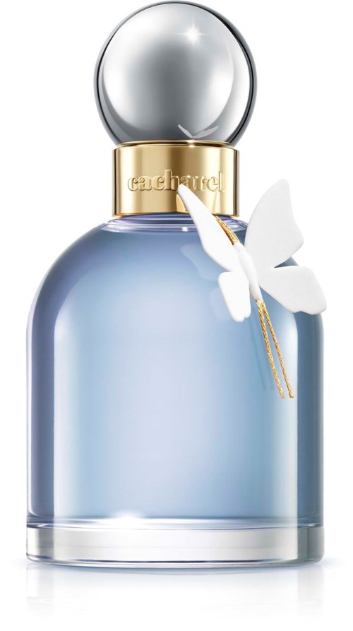 A perfume bottle with a butterfly decoration on the side and a shiny round cap.