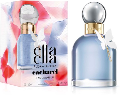 A perfume bottle and box named Ella Flora Azura Cacharel. The bottle is blue with a silver cap and butterfly detail.