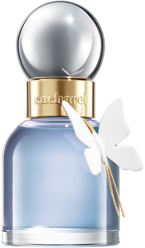A perfume bottle with a round glass cap, a gold band, and a butterfly decoration hanging on the side.