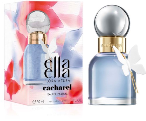 A perfume bottle with a butterfly decoration and a colorful floral box.