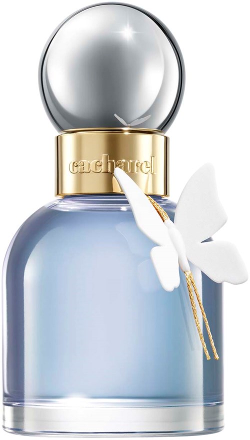 A perfume bottle with a large round cap, light blue liquid, gold band, and butterfly decoration.