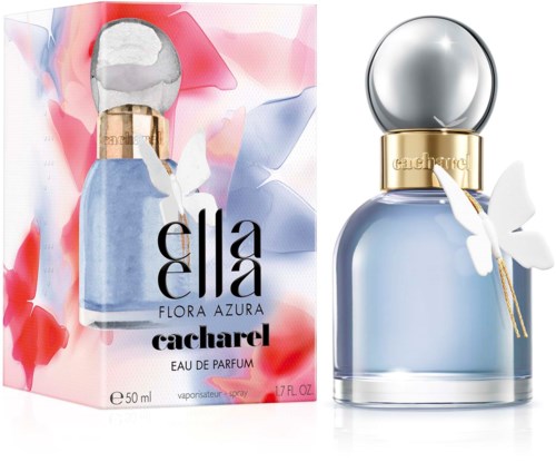 A perfume bottle with a blue liquid, gold cap, white butterfly decoration, and floral box design.
