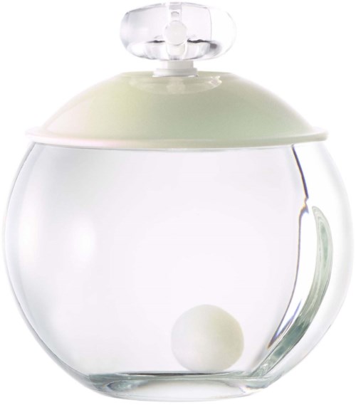 A small glass perfume bottle with a round shape, a white cap, and a pearl inside.