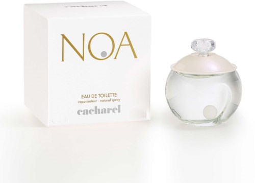 A white box and a clear round perfume bottle with a glass cap.