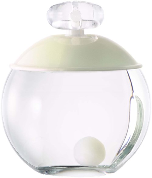 A clear perfume bottle with a rounded shape and a white top, containing a white ball inside.