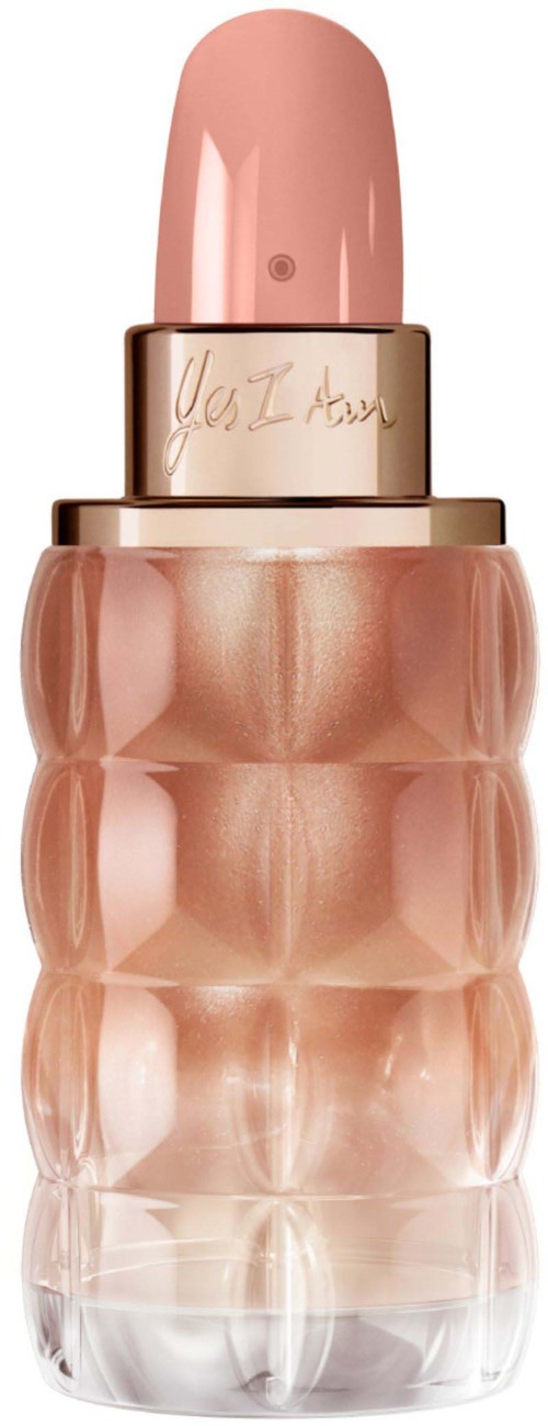 A shiny pink lipstick in a unique ridged container with a gold band, standing upright.