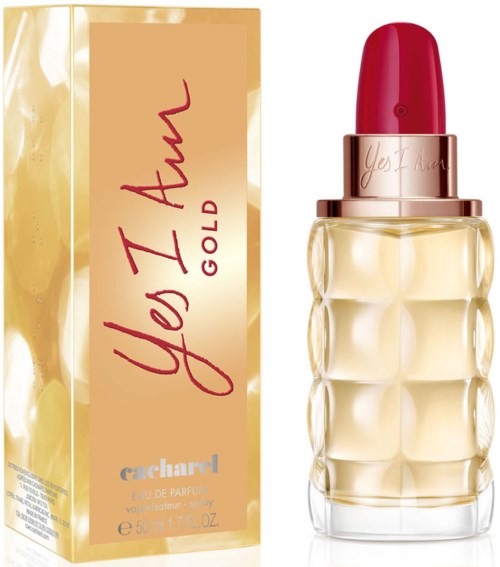 Ein Parfümflasche in menschlicher Form mit roter Lippenstiftkappe. Goldene Schachtel mit pinkem und grauem Text.