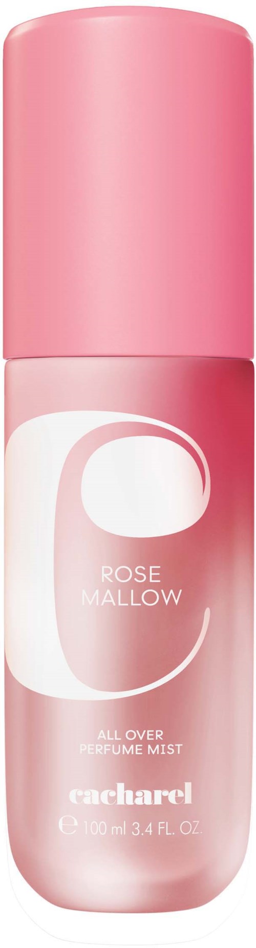 En rosa parfyme sprayflaske med hvit etikett og rosa lokk, merket Rose Mallow.