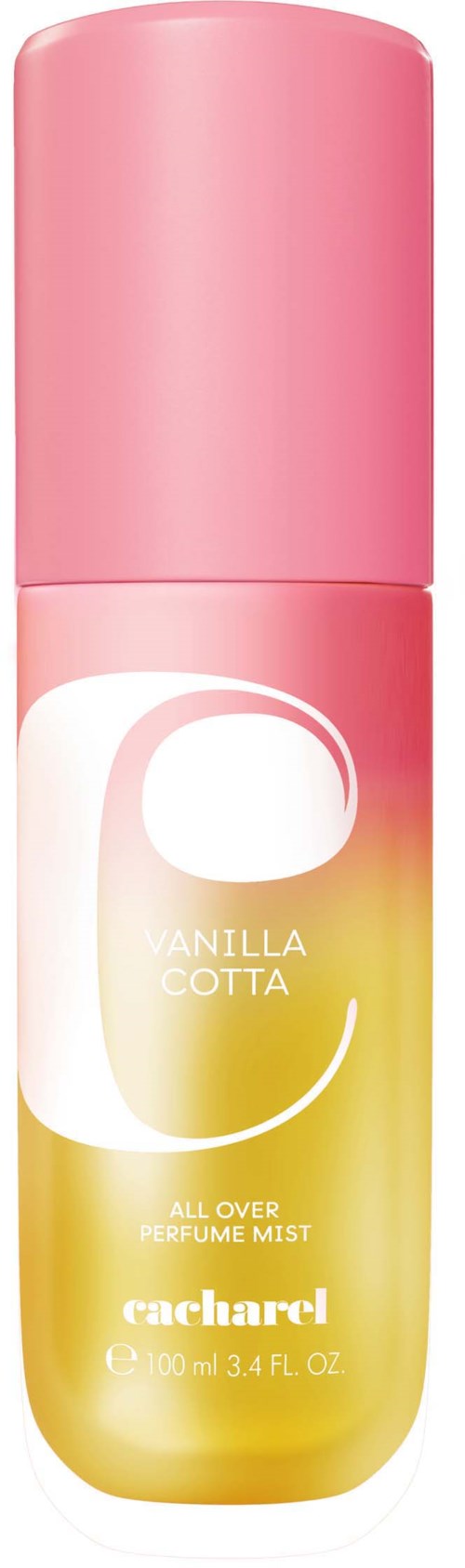 En rosa og gul sprayflaske merket Vanilla Cotta parfyme mist fra Cacharel.