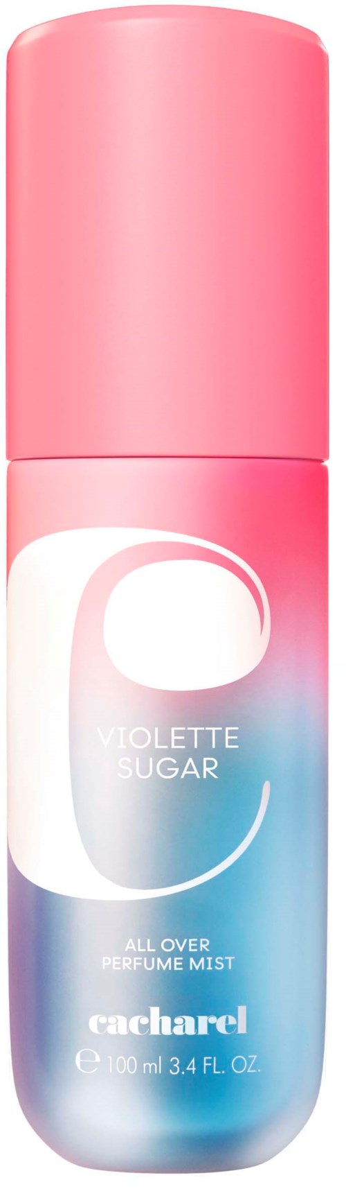 Lys blå og rosa parfymespray med merkevaren Cacharel og duften Violette Sugar.
