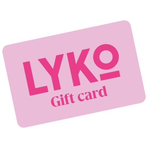Een roze cadeaubon met de tekst LYKO en 'Gift card' eronder, schuin naar rechts.